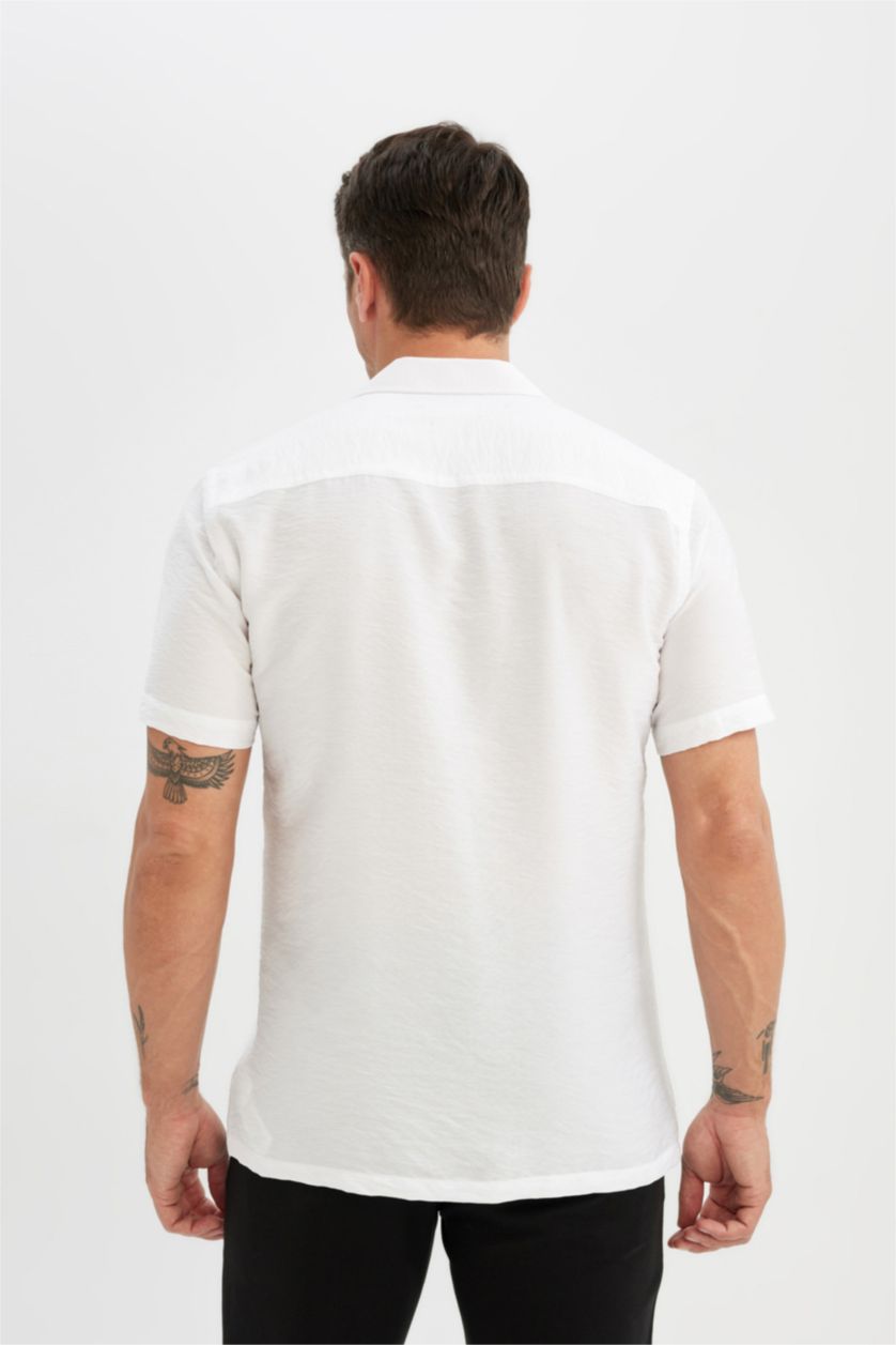 Erkek Beyaz Modern Fit Yazlık Polo Yaka Basic Düz Aerobin Kısa Kollu Beyaz Gömlek