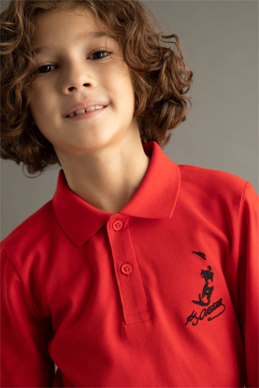 GARÇONS Rouge T-shirt imprimé Atatürk à col polo manches longues pour garçon