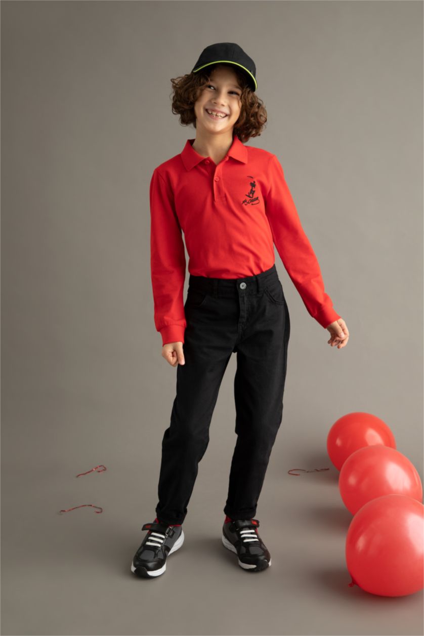 GARÇONS Rouge T-shirt imprimé Atatürk à col polo manches longues pour garçon