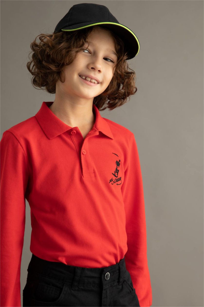 GARÇONS Rouge T-shirt imprimé Atatürk à col polo manches longues pour garçon