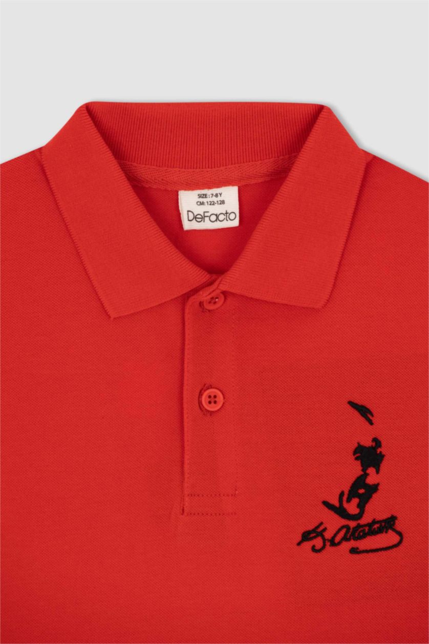 GARÇONS Rouge T-shirt imprimé Atatürk à col polo manches longues pour garçon