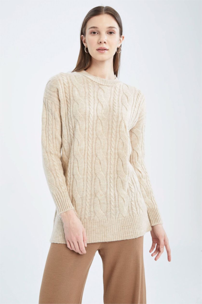 WOMAN Beige Melange Regular Fit Knitted Patterned Knitwear Tunic