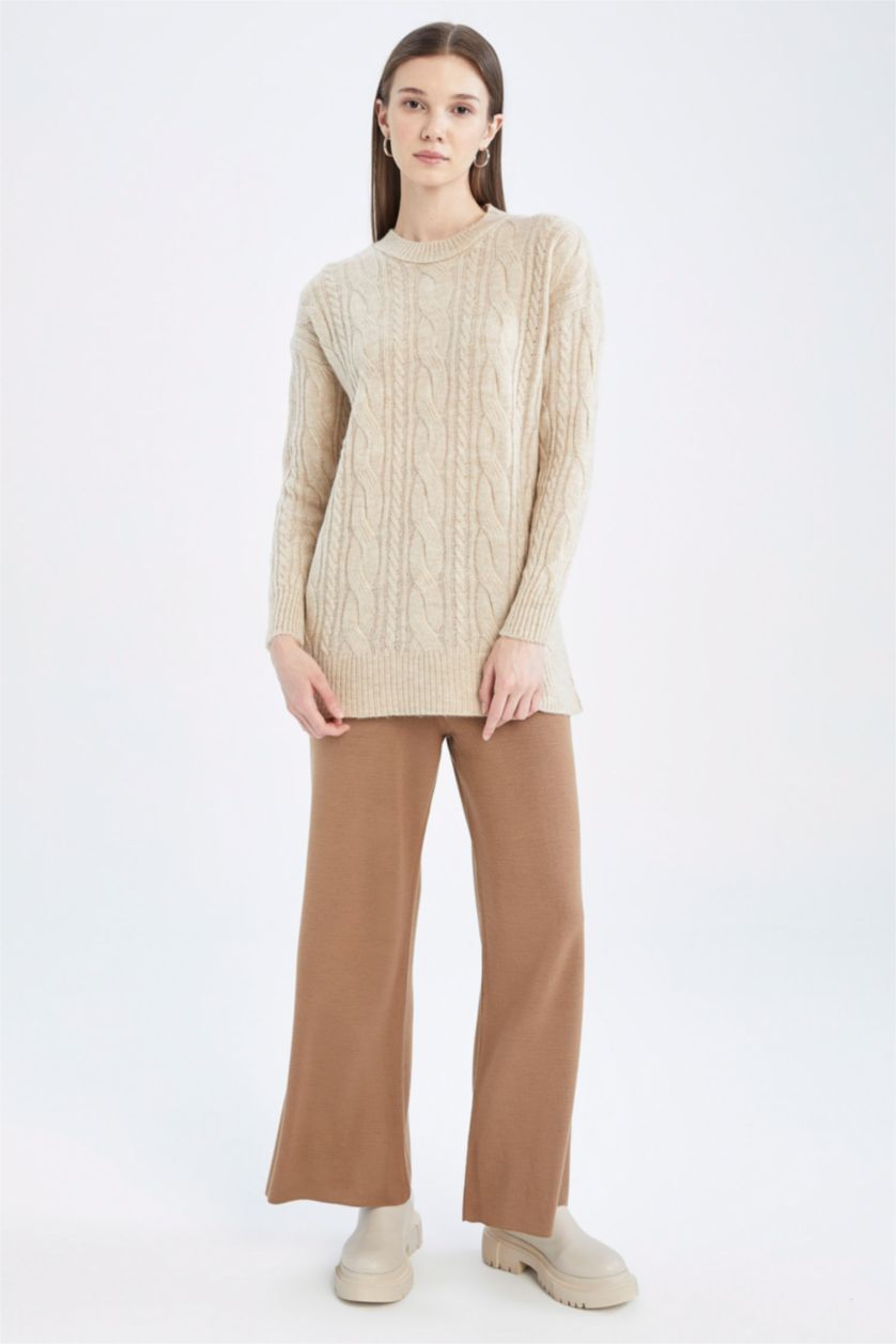 WOMAN Beige Melange Regular Fit Knitted Patterned Knitwear Tunic