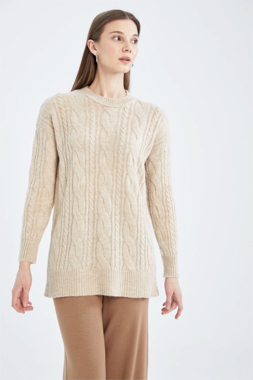WOMAN Beige Melange Regular Fit Knitted Patterned Knitwear Tunic