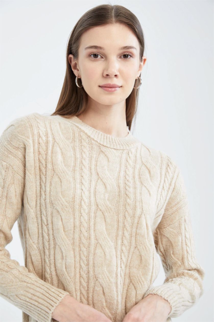 WOMAN Beige Melange Regular Fit Knitted Patterned Knitwear Tunic