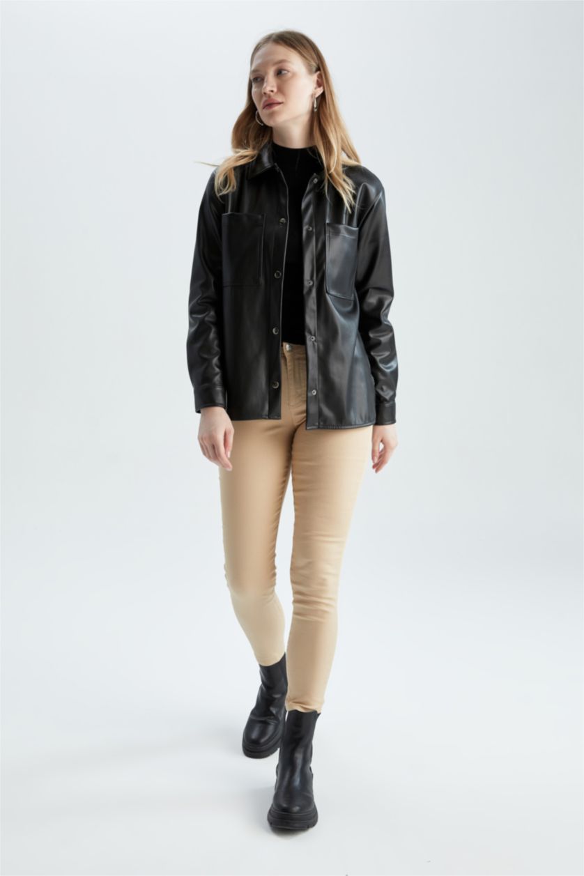 حريمي أسود قميص بأكمام طويلة جلد صناعي