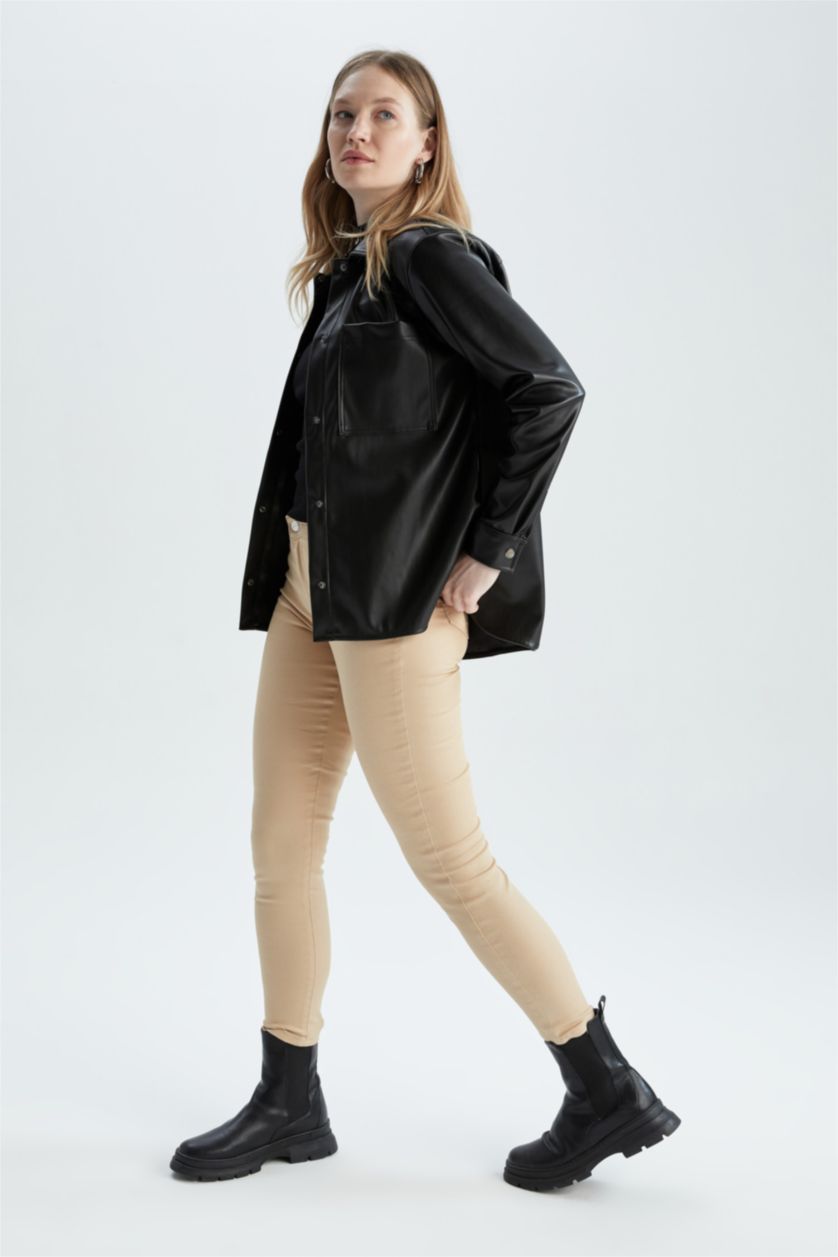 حريمي أسود قميص بأكمام طويلة جلد صناعي