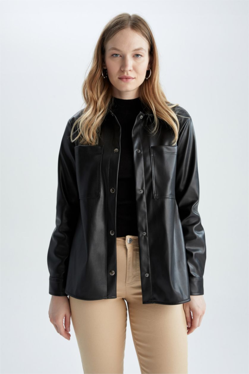 حريمي أسود قميص بأكمام طويلة جلد صناعي