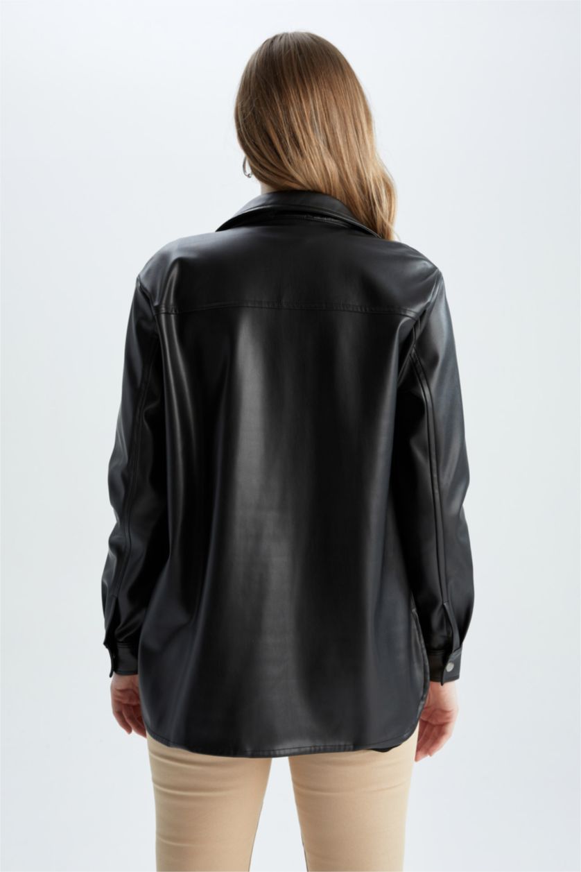 حريمي أسود قميص بأكمام طويلة جلد صناعي