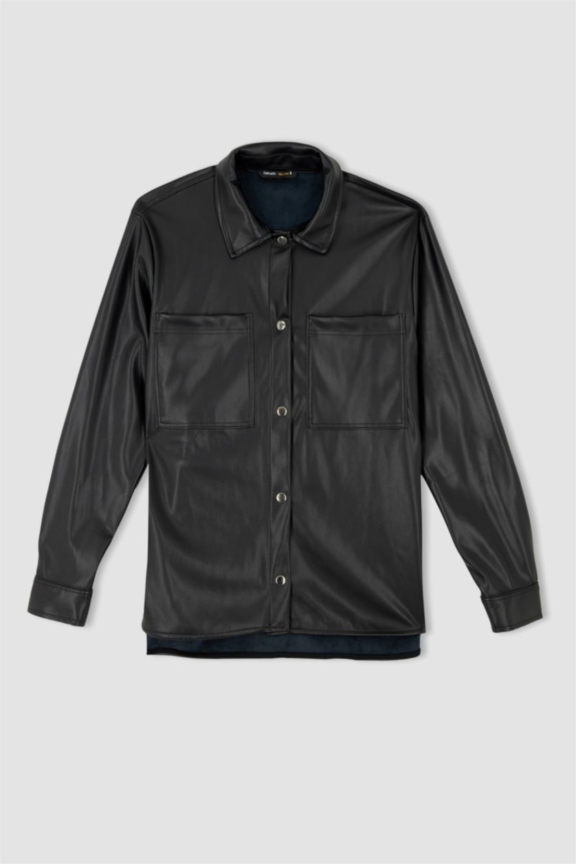 حريمي أسود قميص بأكمام طويلة جلد صناعي