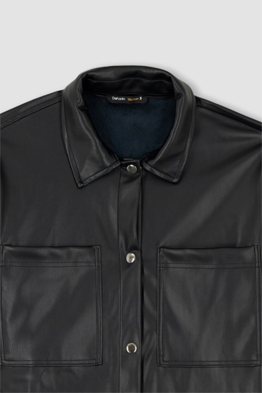 حريمي أسود قميص بأكمام طويلة جلد صناعي