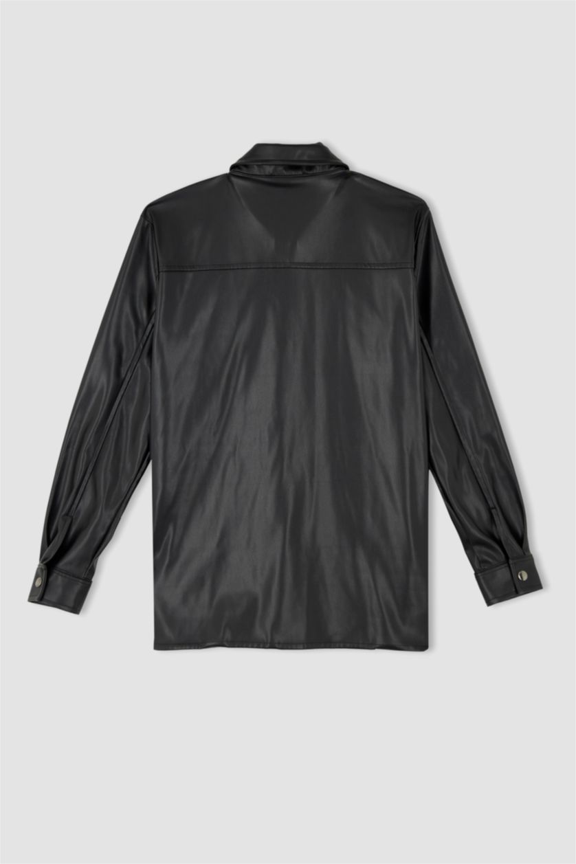 حريمي أسود قميص بأكمام طويلة جلد صناعي