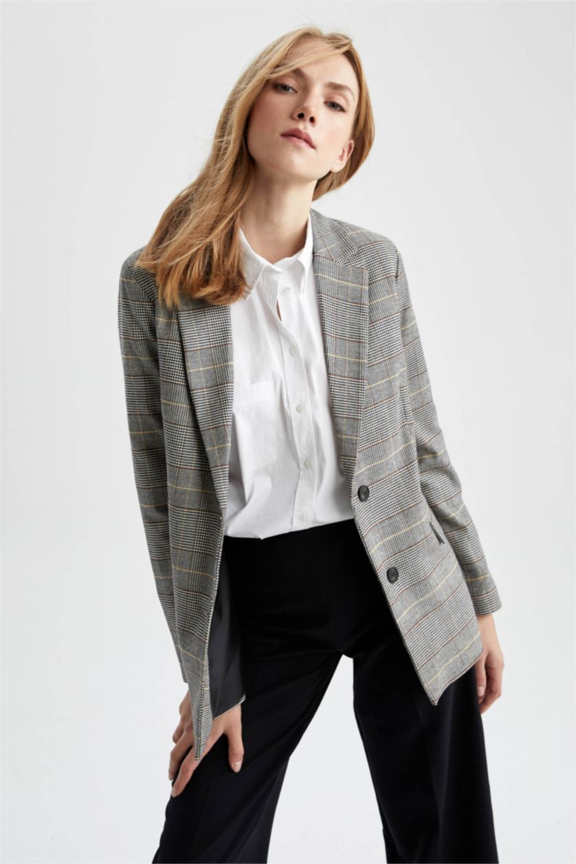 WOMAN Beige Checked Flap Pocket Regular Fit Blazer