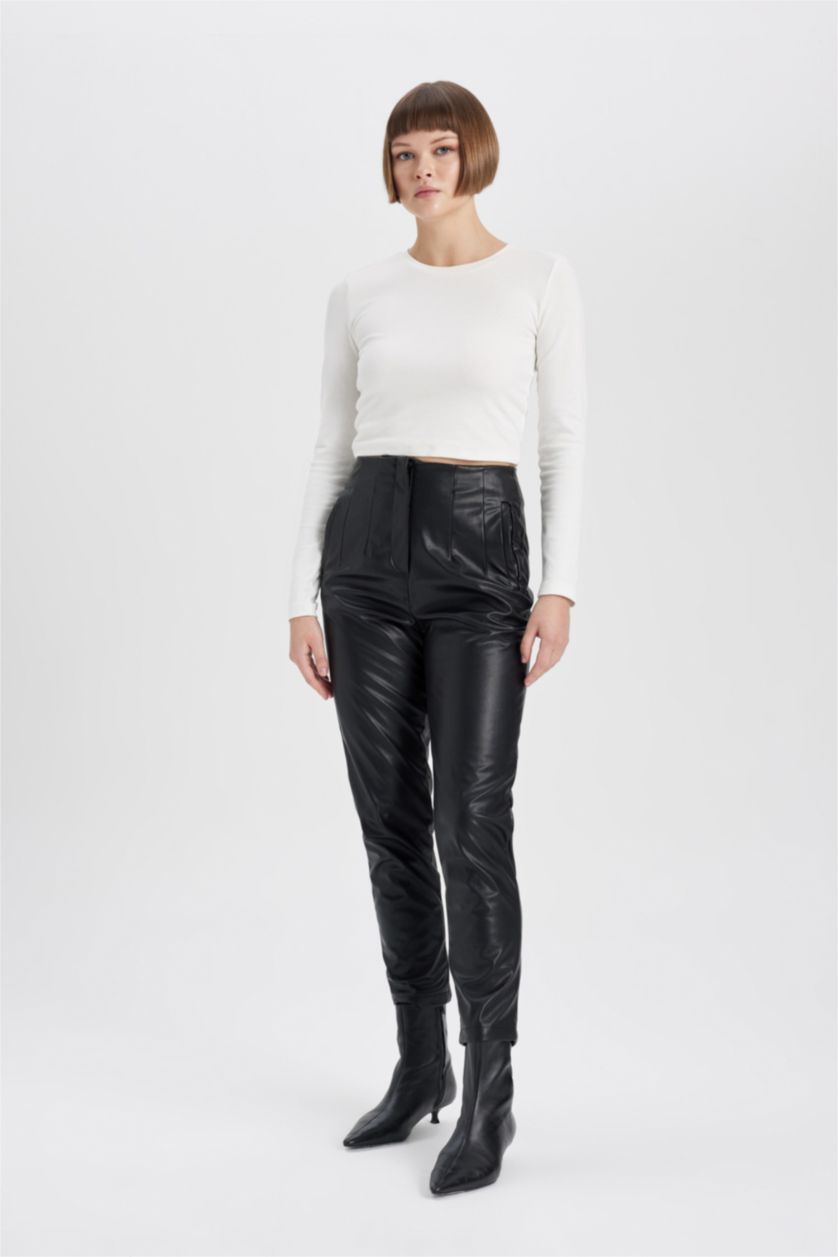 WOMAN Black Slim Fit Faux Leather Trousers