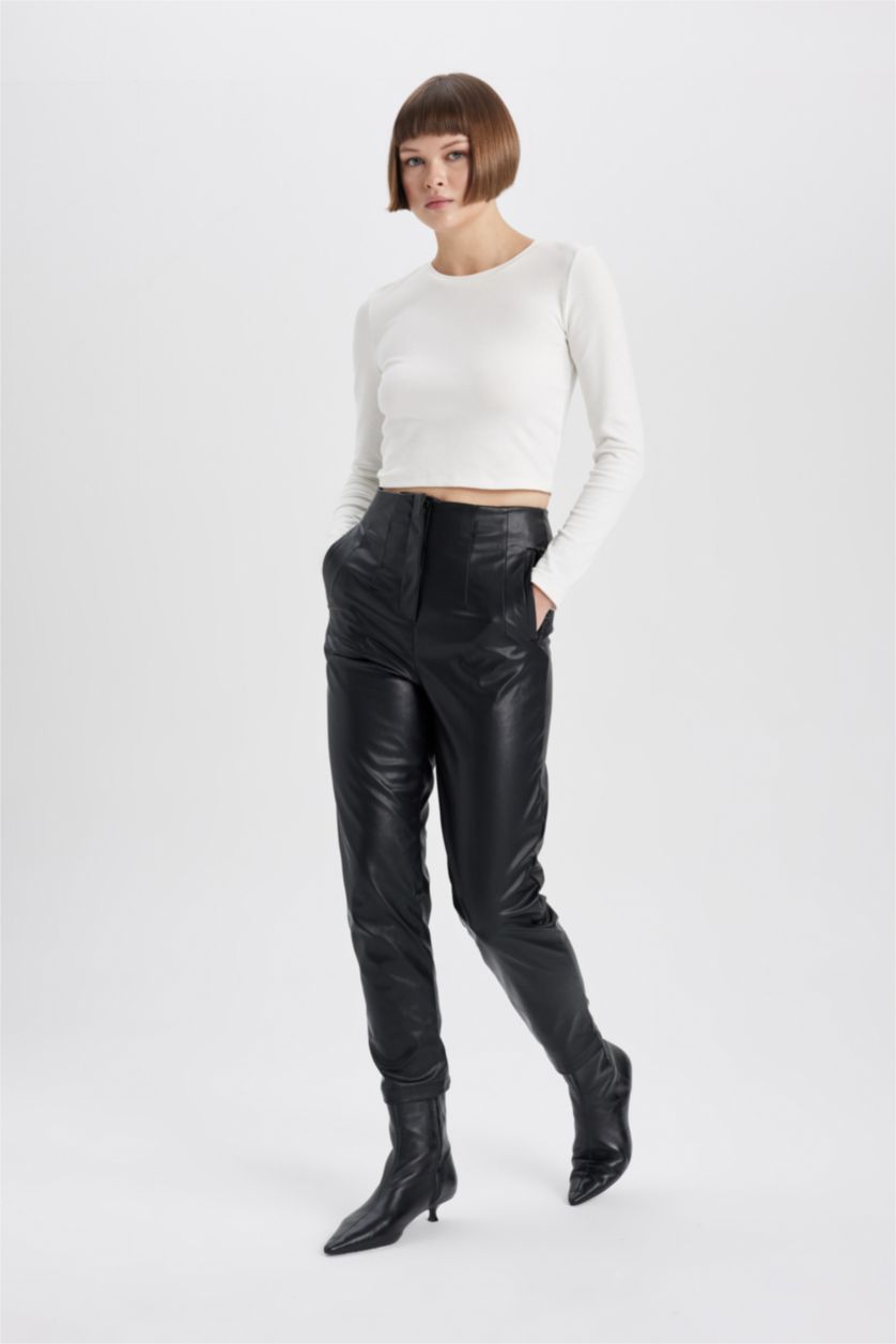 WOMAN Black Slim Fit Faux Leather Trousers