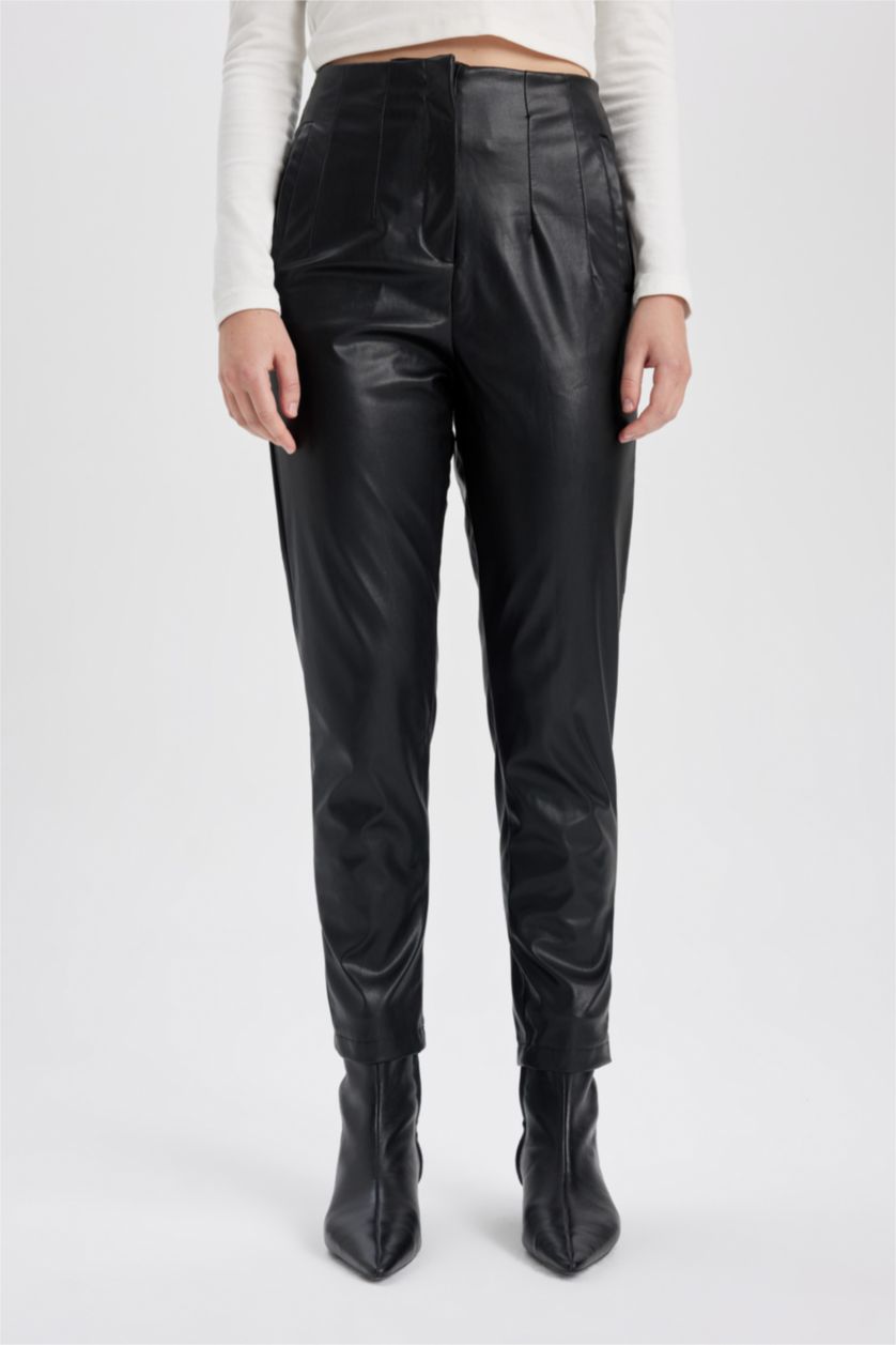 WOMAN Black Slim Fit Faux Leather Trousers