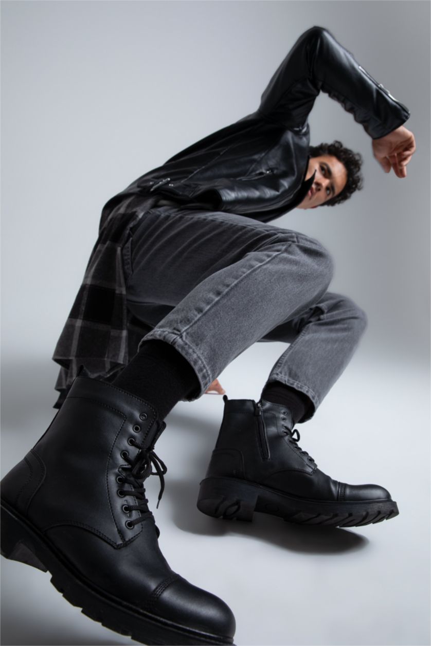 رجال أسود بوت رجالي بكعب مسنن برباط وسحاب