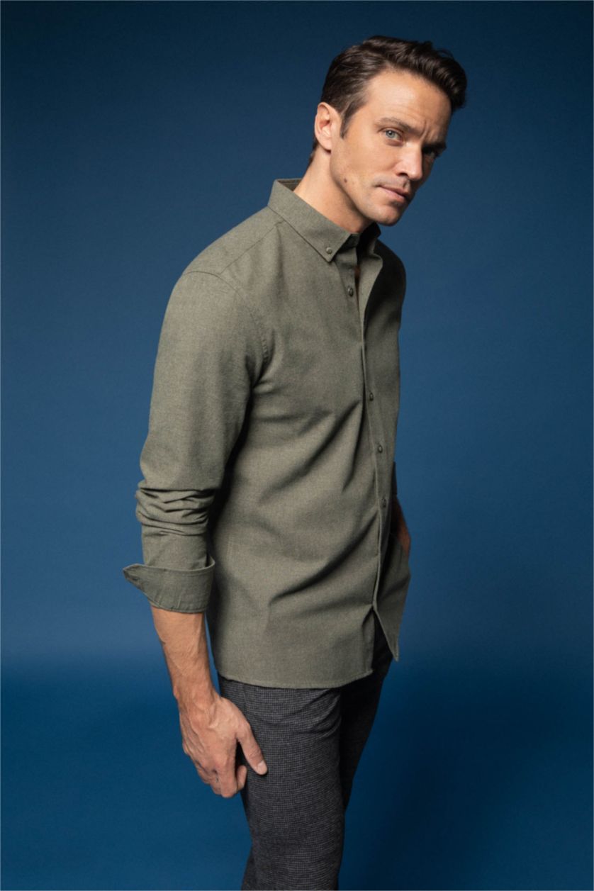 رجال كاكي Modern Fit Flanel Long Sleeve Shirt