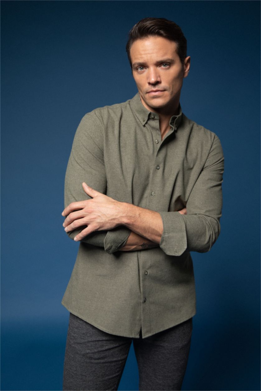 رجال كاكي Modern Fit Flanel Long Sleeve Shirt
