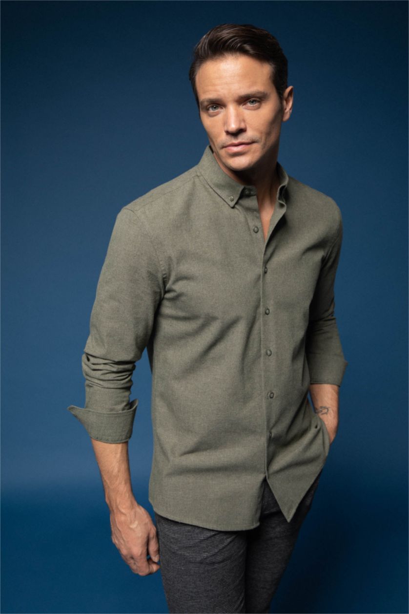 رجال كاكي Modern Fit Flanel Long Sleeve Shirt