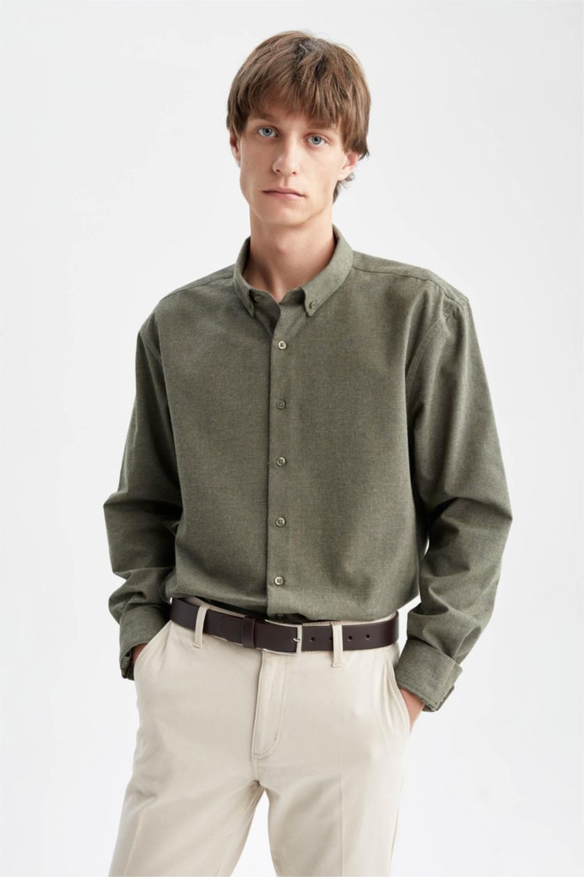 رجال كاكي Modern Fit Flanel Long Sleeve Shirt