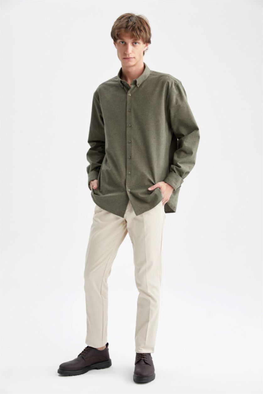 رجال كاكي Modern Fit Flanel Long Sleeve Shirt