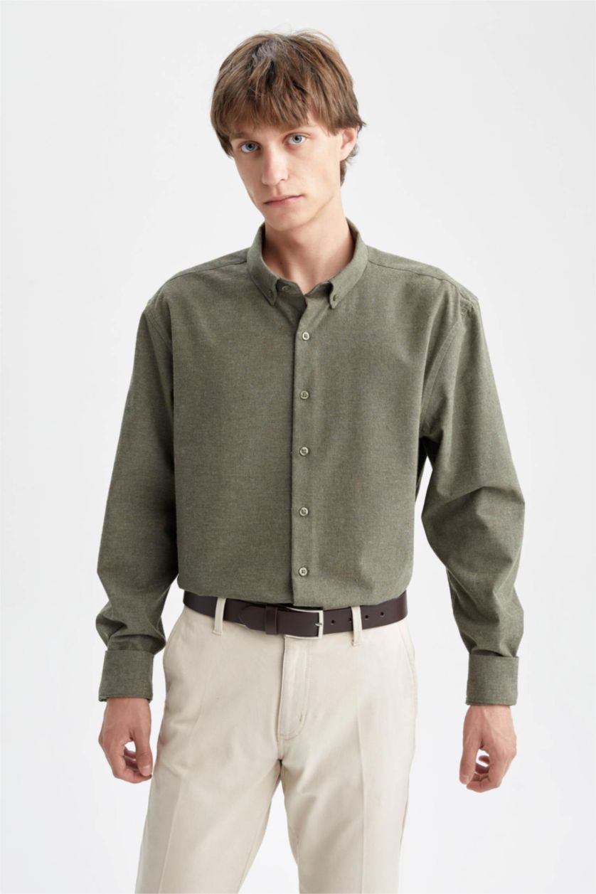 رجال كاكي Modern Fit Flanel Long Sleeve Shirt
