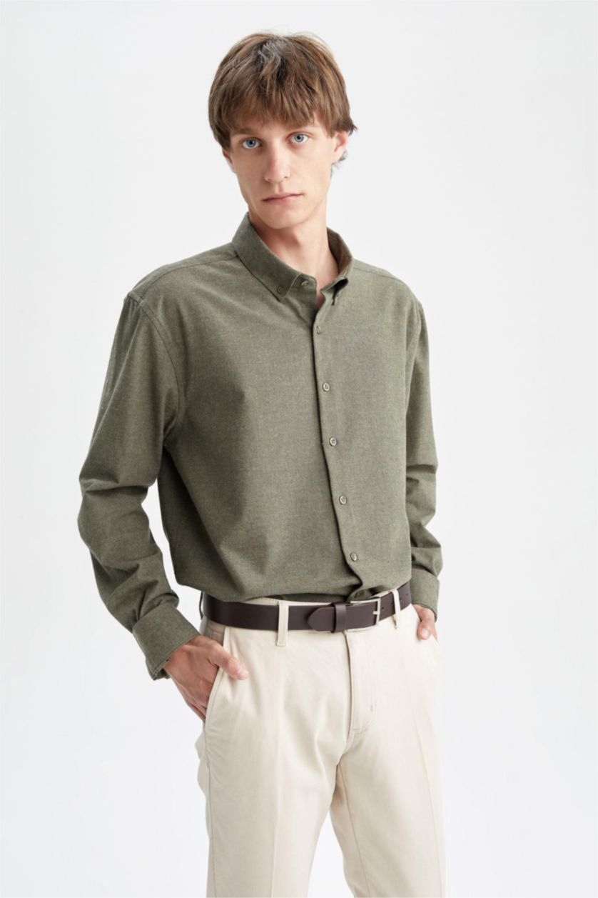 رجال كاكي Modern Fit Flanel Long Sleeve Shirt