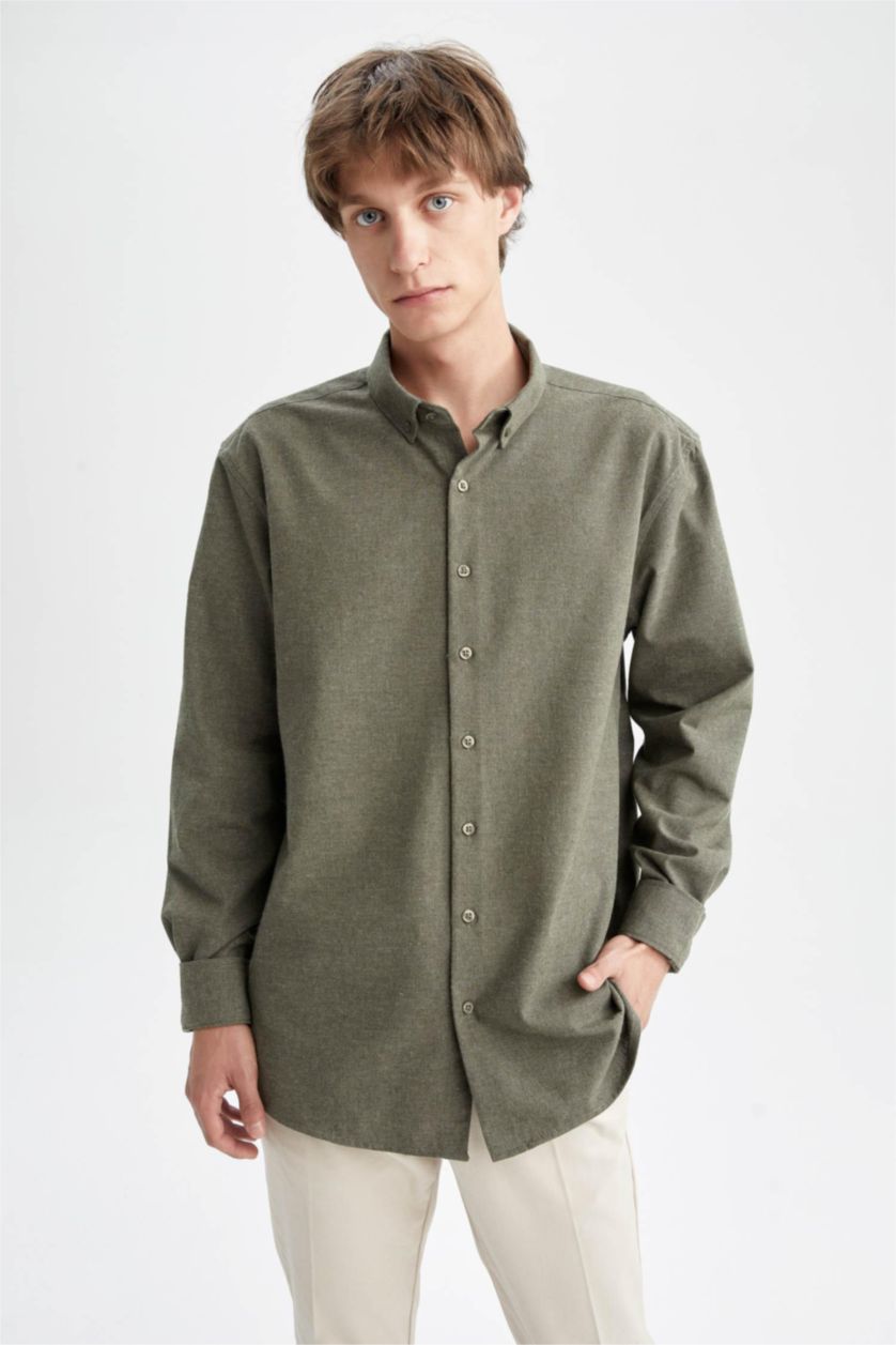 رجال كاكي Modern Fit Flanel Long Sleeve Shirt