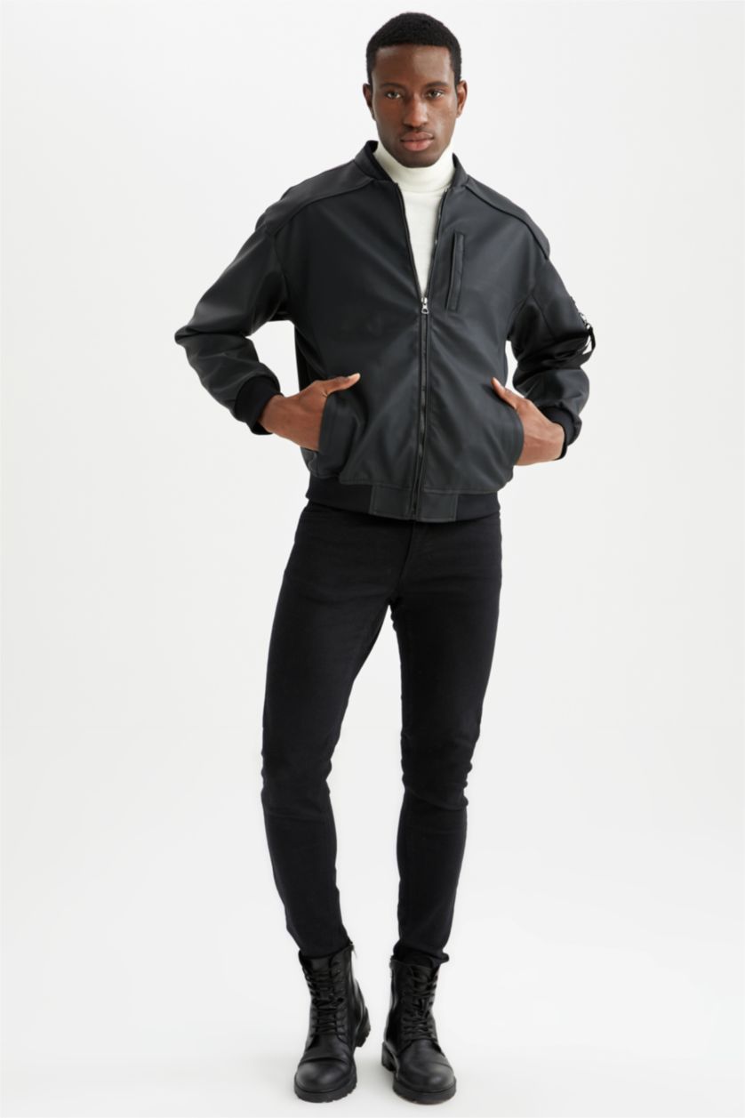 Erkek Antrasit Oversize Fit Kolej Yaka Fermuar Kapamalı Cepli Mevsimlik Suni Deri Bomber Mont Ceket