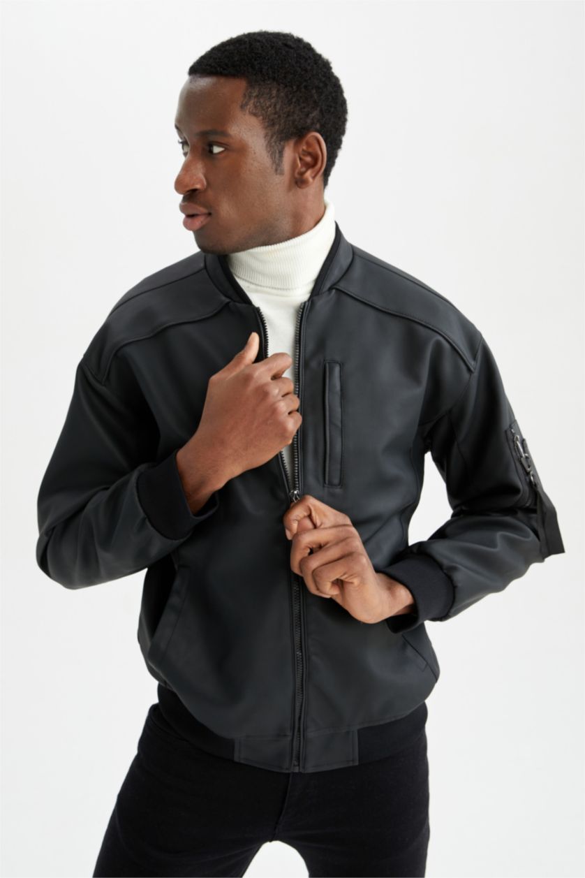 Erkek Antrasit Oversize Fit Kolej Yaka Fermuar Kapamalı Cepli Mevsimlik Suni Deri Bomber Mont Ceket