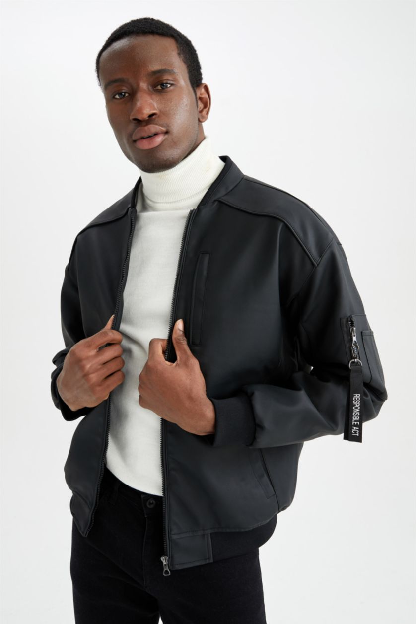 Erkek Antrasit Oversize Fit Kolej Yaka Fermuar Kapamalı Cepli Mevsimlik Suni Deri Bomber Mont Ceket