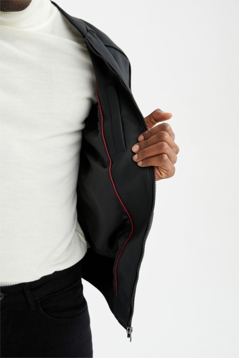 Erkek Antrasit Oversize Fit Kolej Yaka Fermuar Kapamalı Cepli Mevsimlik Suni Deri Bomber Mont Ceket