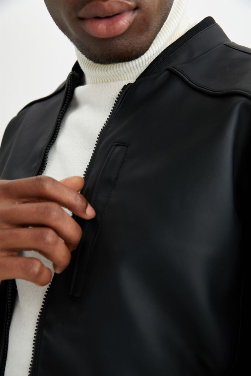 Erkek Antrasit Oversize Fit Kolej Yaka Fermuar Kapamalı Cepli Mevsimlik Suni Deri Bomber Mont Ceket