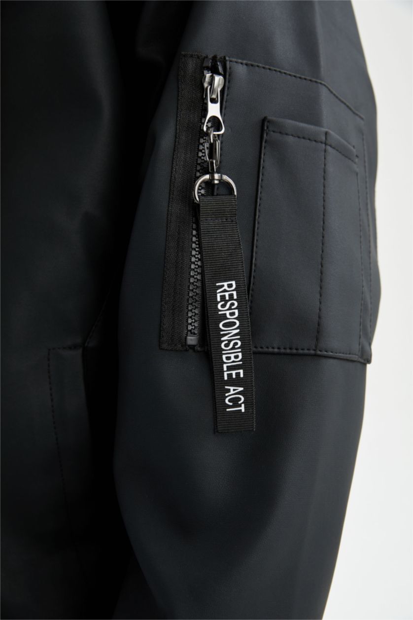 Erkek Antrasit Oversize Fit Kolej Yaka Fermuar Kapamalı Cepli Mevsimlik Suni Deri Bomber Mont Ceket