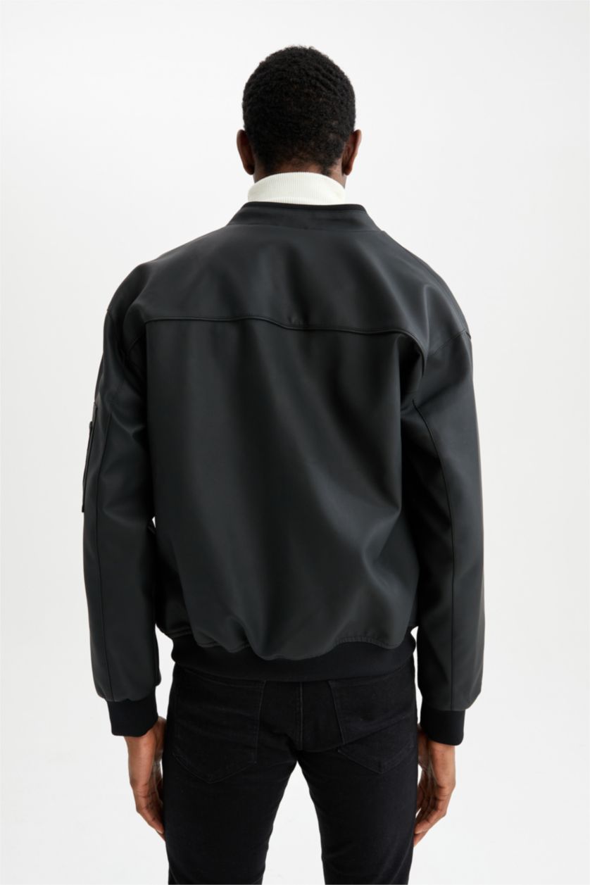 Erkek Antrasit Oversize Fit Kolej Yaka Fermuar Kapamalı Cepli Mevsimlik Suni Deri Bomber Mont Ceket