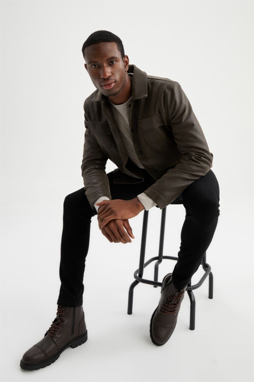 رجال بني فاتح جاكيت جلد صناعي بقصة عادية