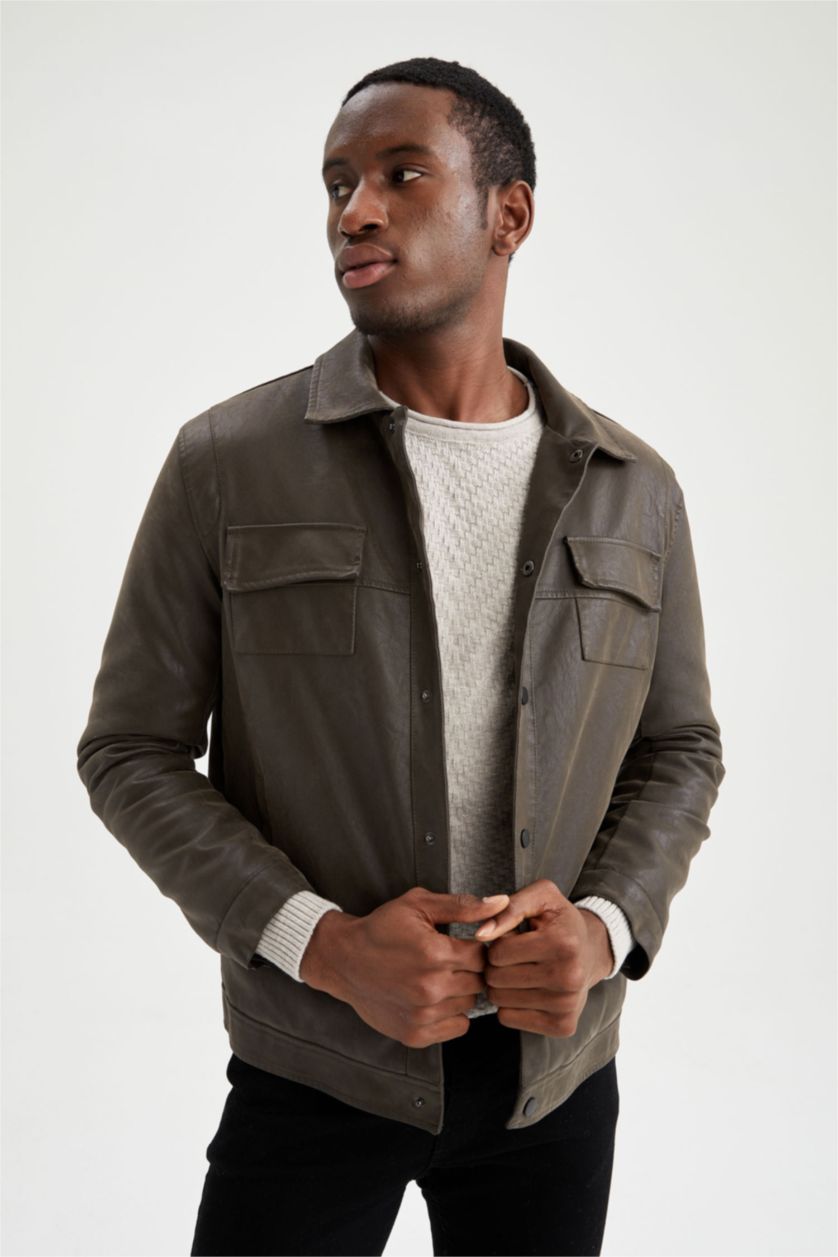 رجال بني فاتح جاكيت جلد صناعي بقصة عادية