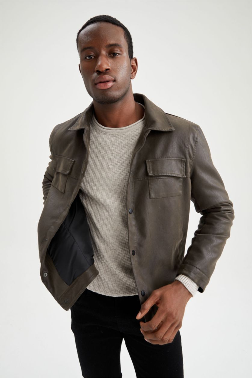 رجال بني فاتح جاكيت جلد صناعي بقصة عادية