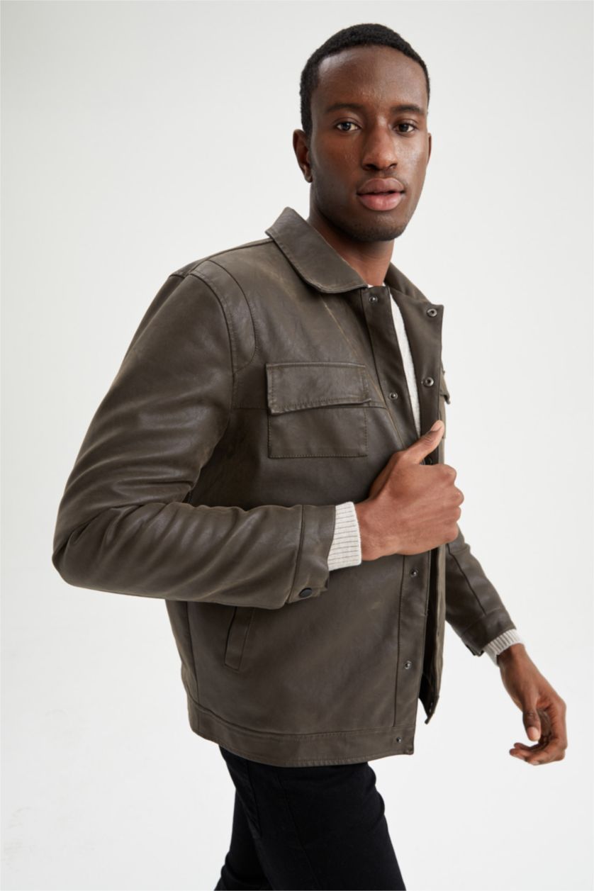 رجال بني فاتح جاكيت جلد صناعي بقصة عادية