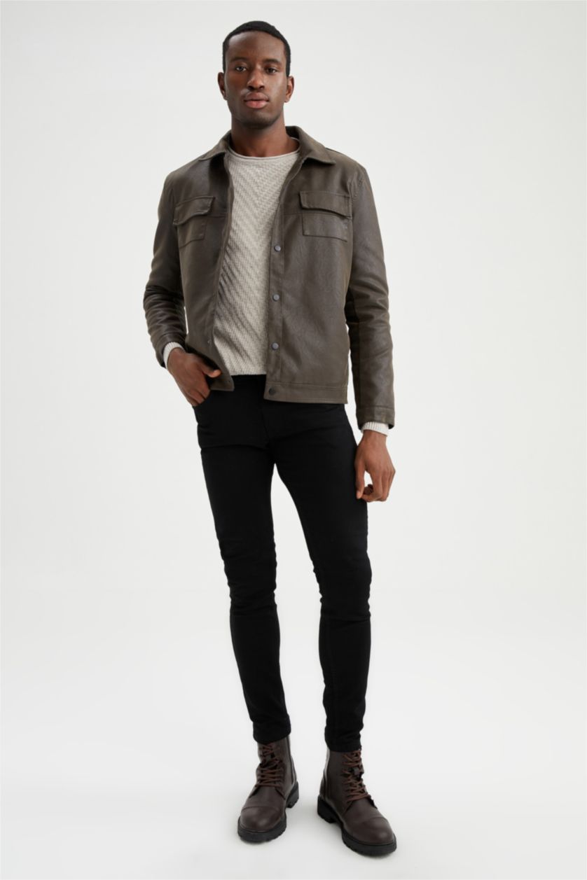 رجال بني فاتح جاكيت جلد صناعي بقصة عادية