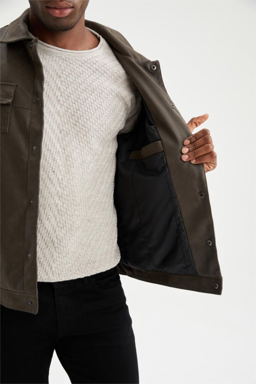 رجال بني فاتح جاكيت جلد صناعي بقصة عادية