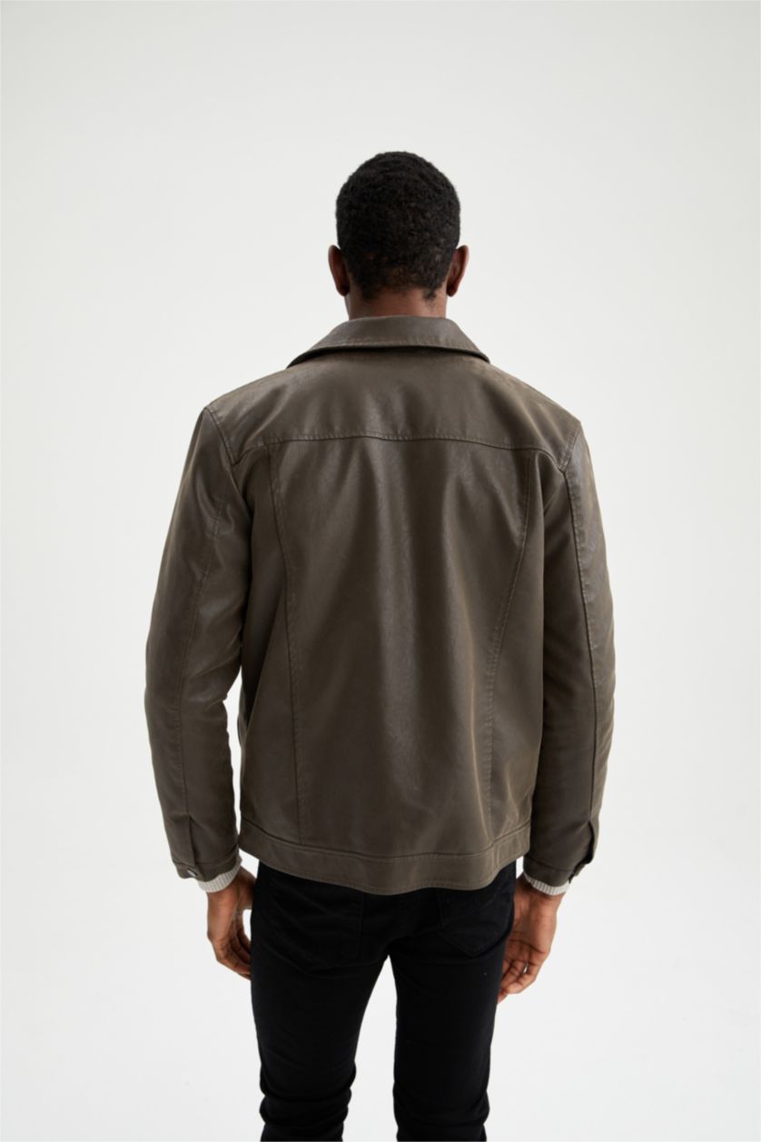 رجال بني فاتح جاكيت جلد صناعي بقصة عادية