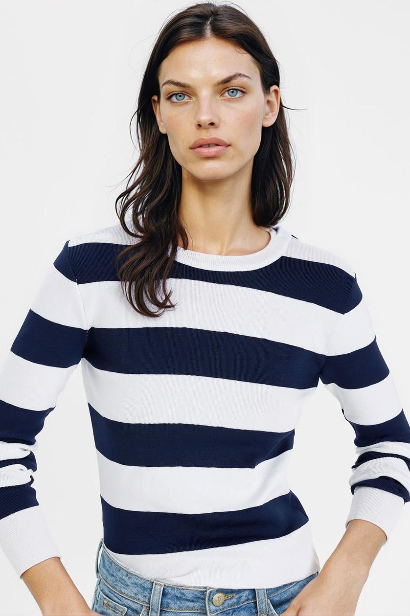 WOMAN NAVY Regular Fit Crew Neck Striped Knitted Pullover