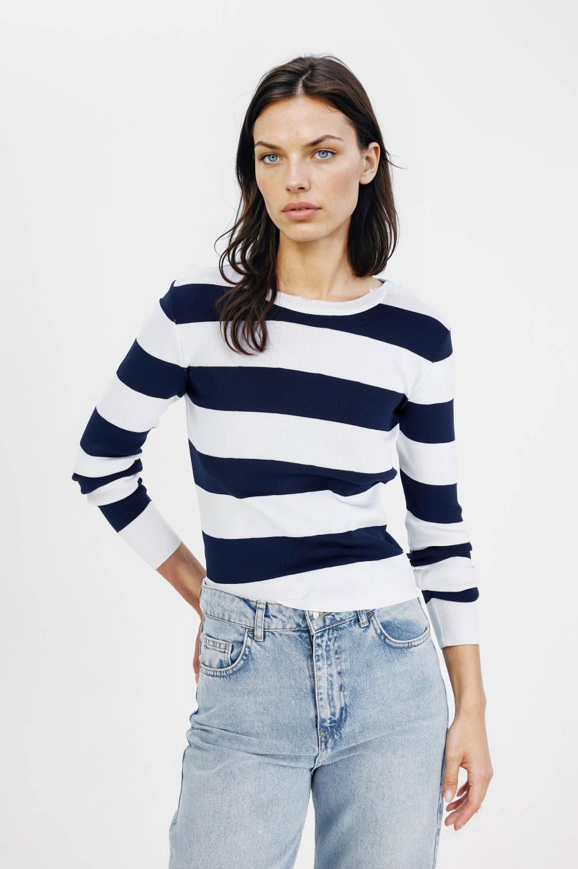 WOMAN NAVY Regular Fit Crew Neck Striped Knitted Pullover