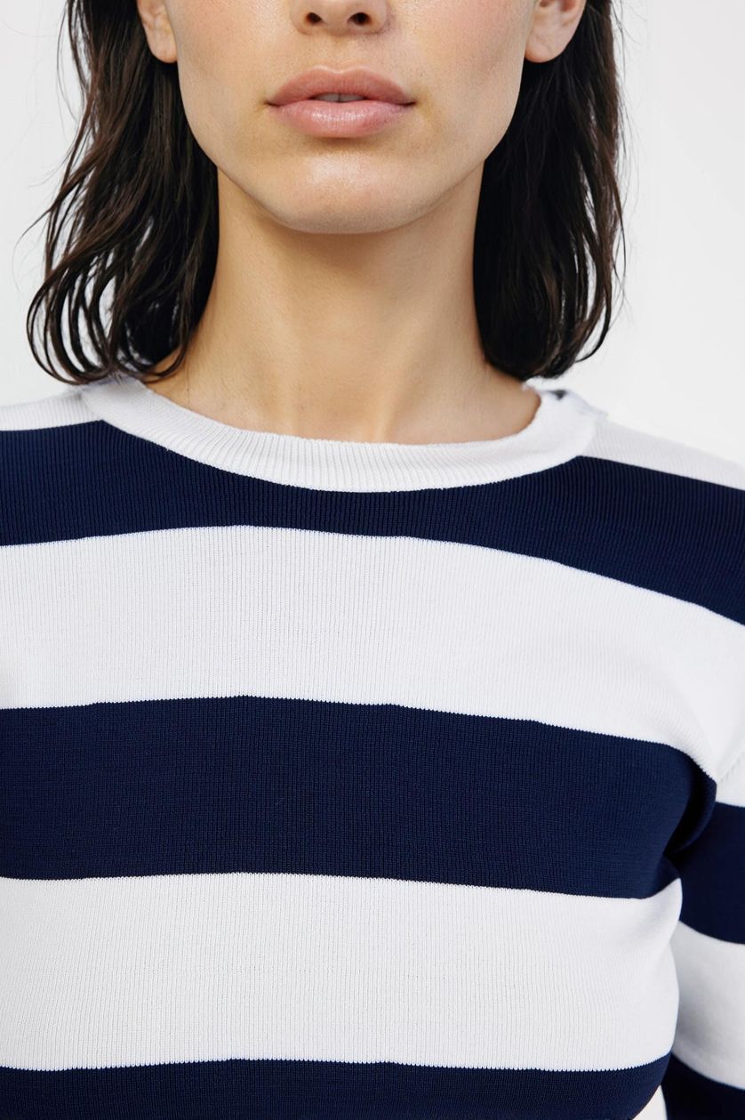 WOMAN NAVY Regular Fit Crew Neck Striped Knitted Pullover