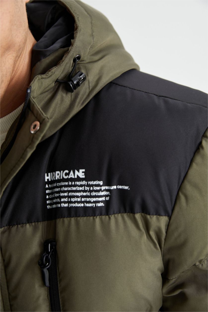 Erkek Haki Regular Fit Kapüşonlu Polar Astarlı Su İtici Şişme Mont