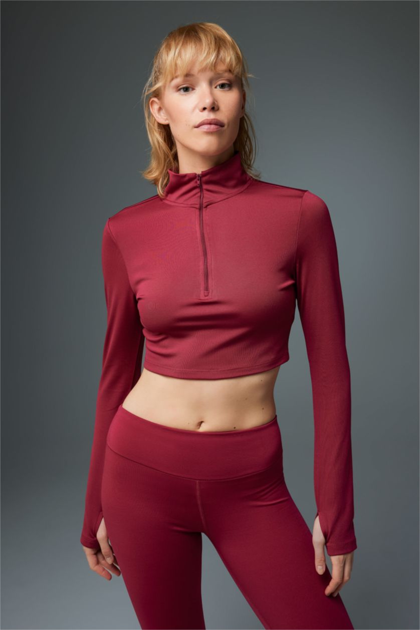 WOMAN Bordeaux DeFactoFit Zippered Heavy Fabric Crop T-Shirt