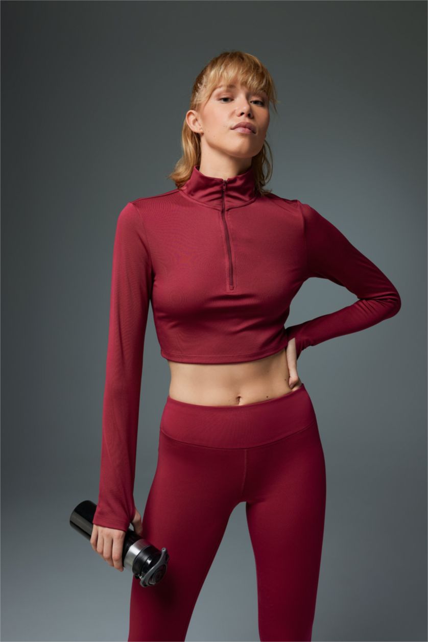 WOMAN Bordeaux DeFactoFit Zippered Heavy Fabric Crop T-Shirt