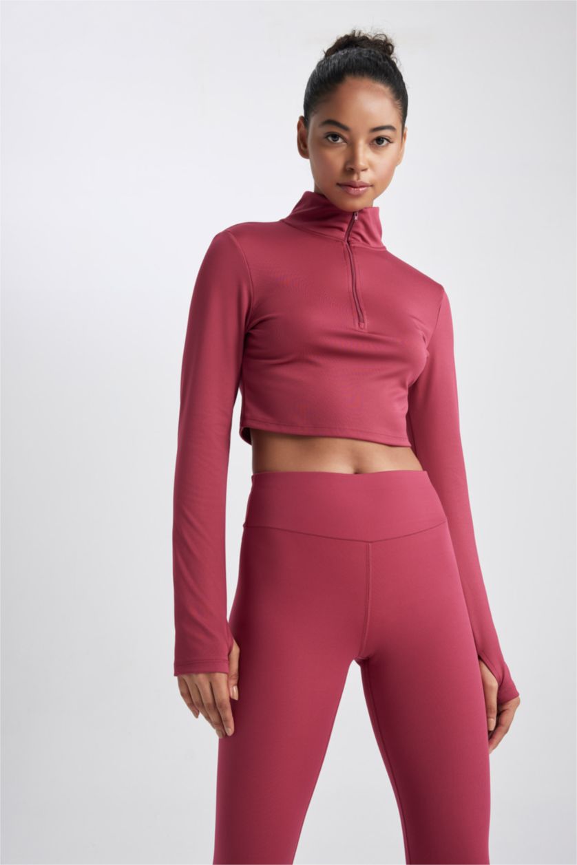 WOMAN Bordeaux DeFactoFit Zippered Heavy Fabric Crop T-Shirt